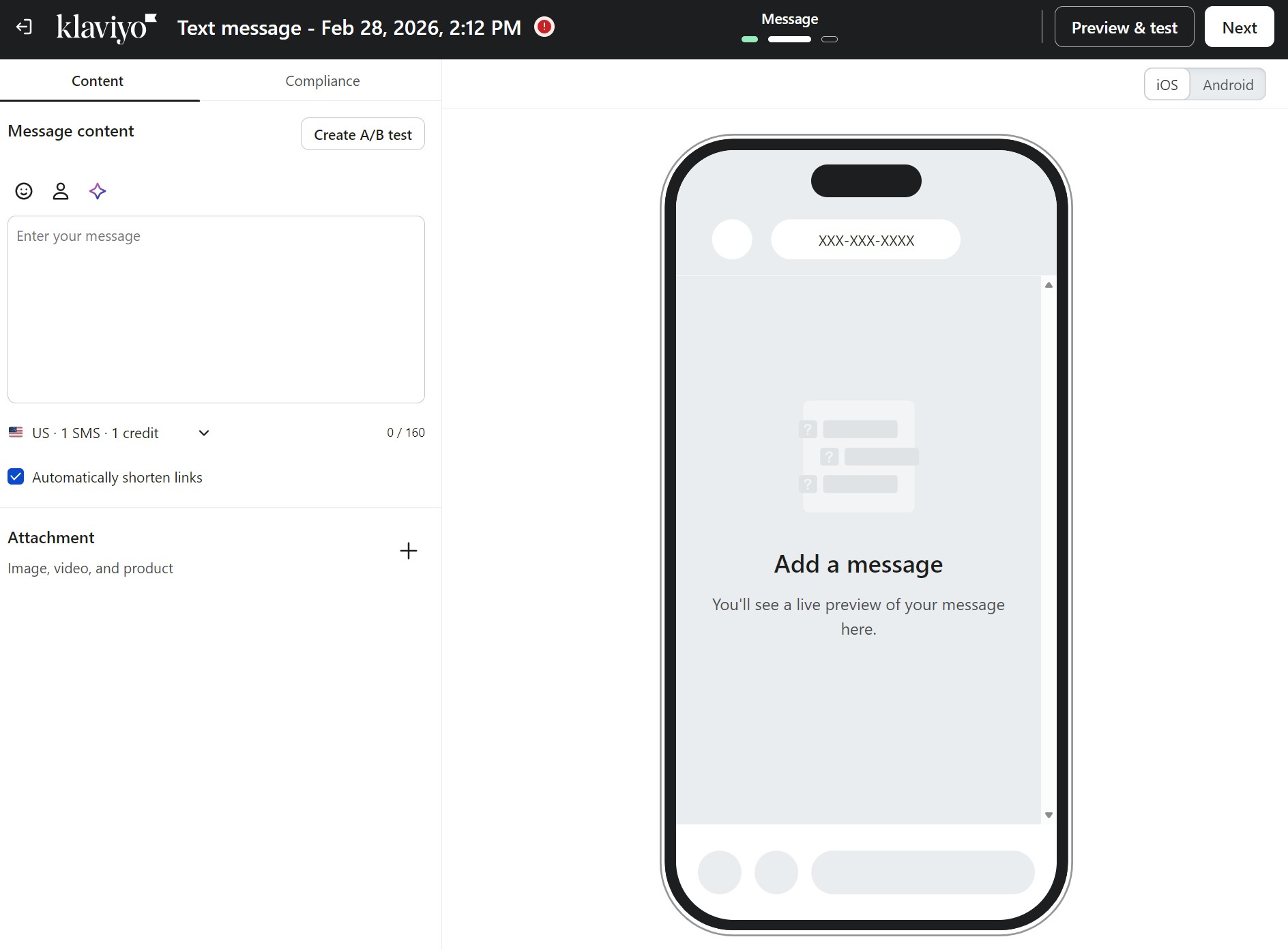Omnisend vs Klaviyo: Screenshot of the Klaviyo platforms text message editor, showing a preview of a mobile phone with a placeholder for a message and phone number, and options to enter message content and add attachments on the left.