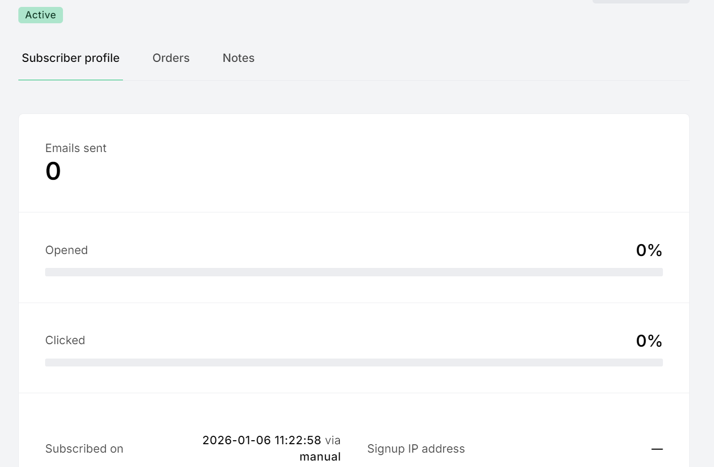 MailerLite vs Klaviyo: A subscriber profile dashboard showing zero emails sent, 0% opened, and 0% clicked. The signup date is January 6, 2026, at 12:25:58, with signup method listed as manual.