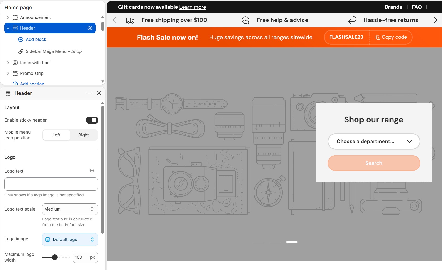 Best Shopify themes: A website editing interface shows a photography-themed homepage with icons of cameras and accessories. An overlay popup titled Shop our range prompts users to choose a department. Editing tools appear on the left sidebar.