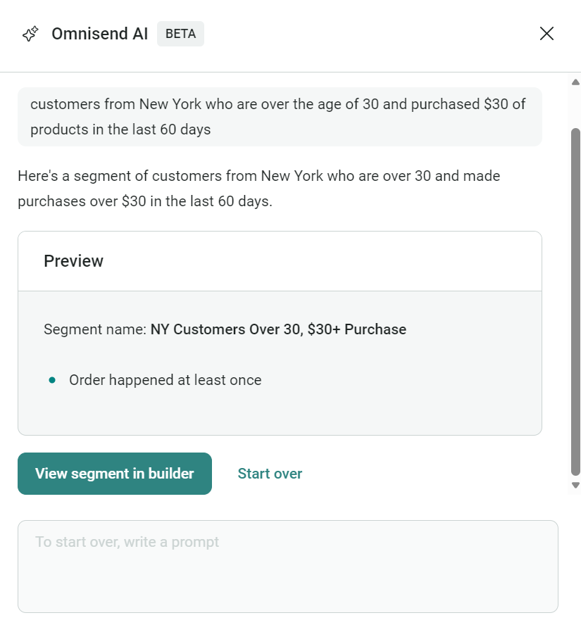 Email automation: A screenshot of the Omnisend AI interface showing the creation of a customer segment: NY Customers Over 30, $30+ Purchase. The preview lists criteria and has buttons for segment editing and prompt input.