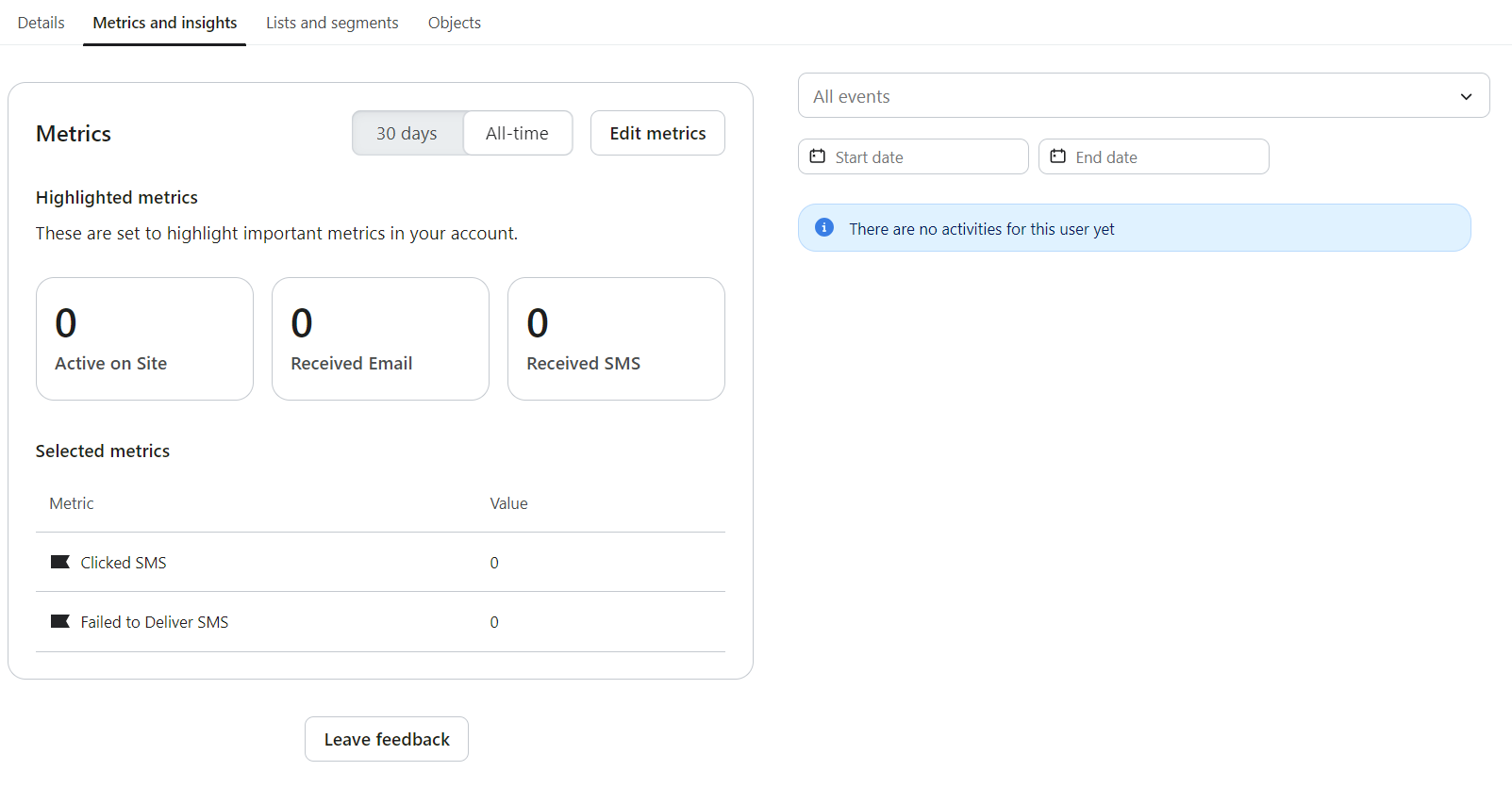 MailerLite vs Klaviyo: A dashboard showing user metrics: 0 active on site, 0 received email, 0 received SMS. No activities for the user are listed. There are options to filter by date and event, and buttons to edit metrics or leave feedback.
