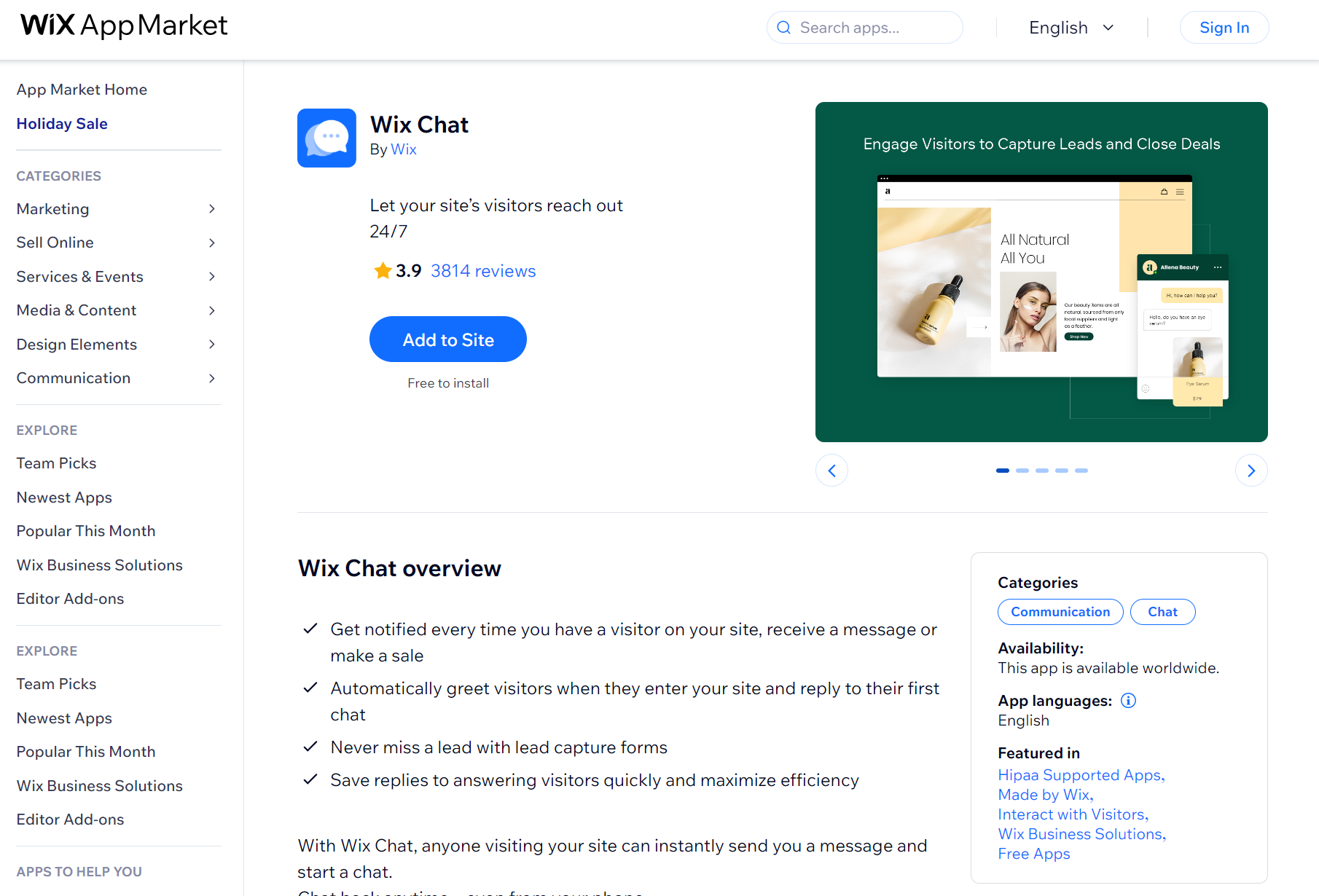 Wix apps: Wix Chat app page