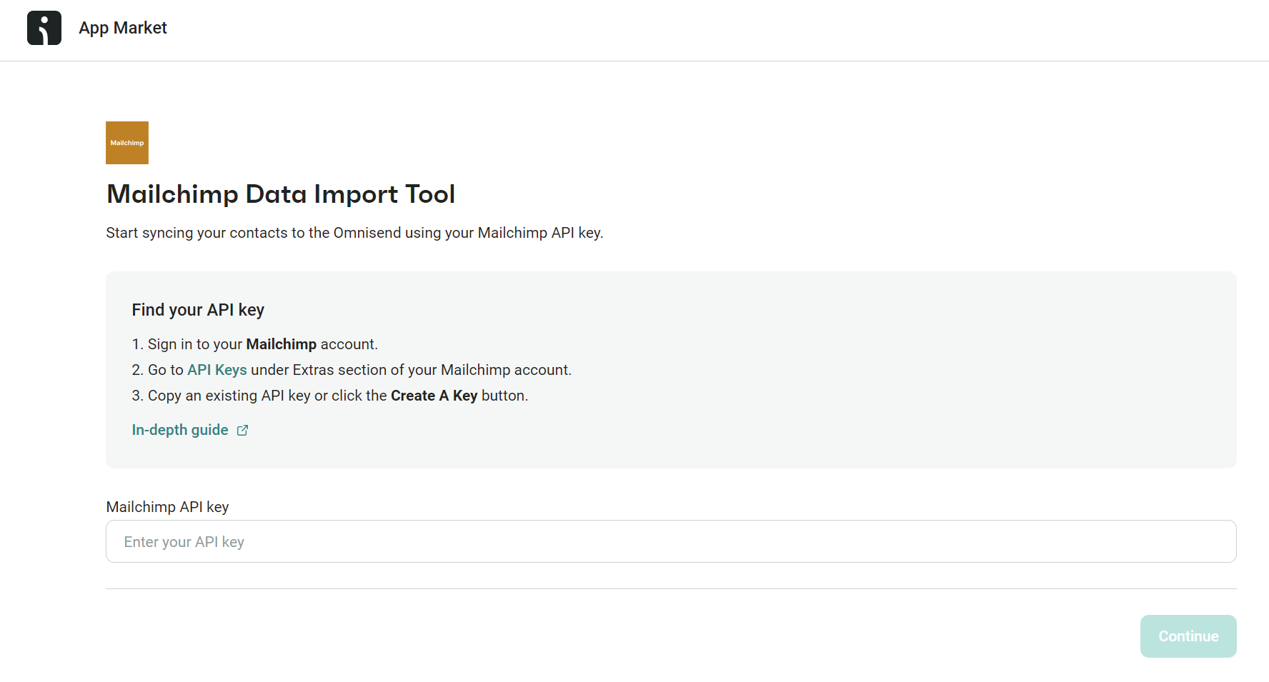 Mailchimp alternatives: A web page for the Mailchimp Data Import Tool shows instructions to find an API key, a text field to enter the API key, and a disabled Continue button. The page header says App Market.