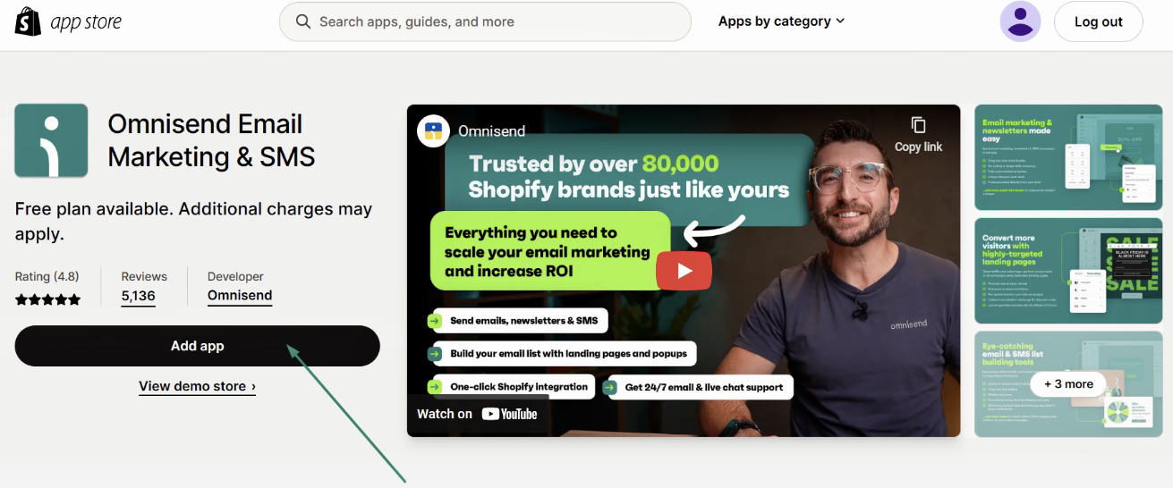 Shopify SMS: Screenshot of the Omnisend Email Marketing & SMS app page in the Shopify App Store, showing app details, ratings, developer, “Add app” button, and a video preview with a man and marketing text.