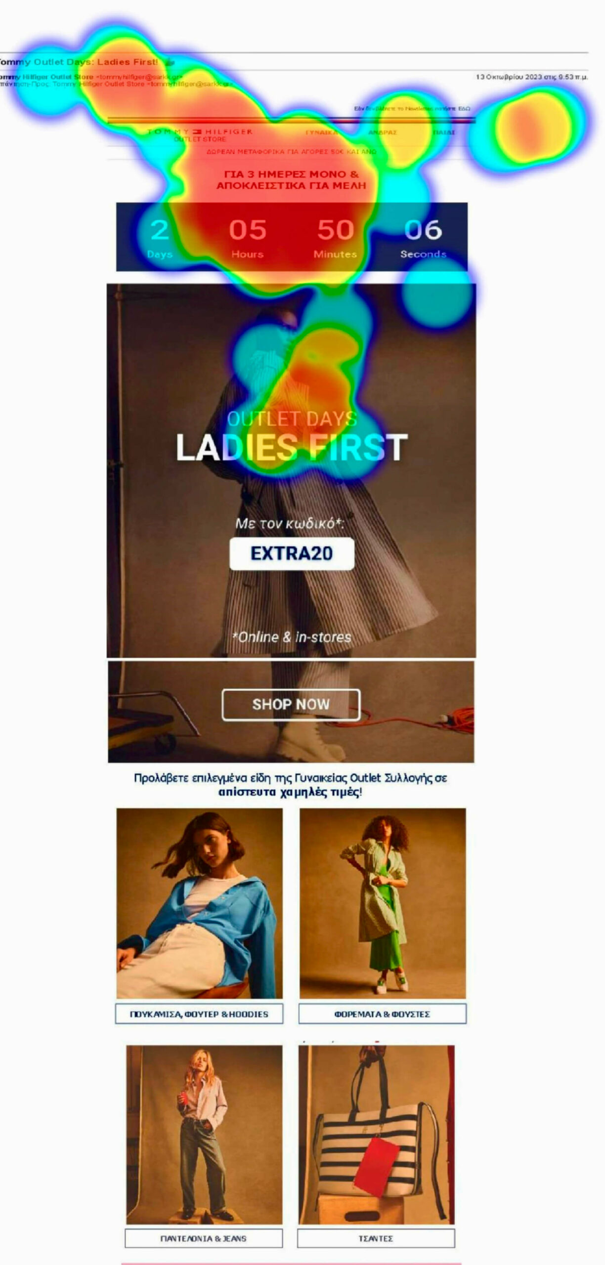Countdown in email: A heatmap over a fashion website page shows users’ attention focused mostly on the top banner, less on the “Ladies First” outlet promo, and minimal interaction with product images at the bottom.