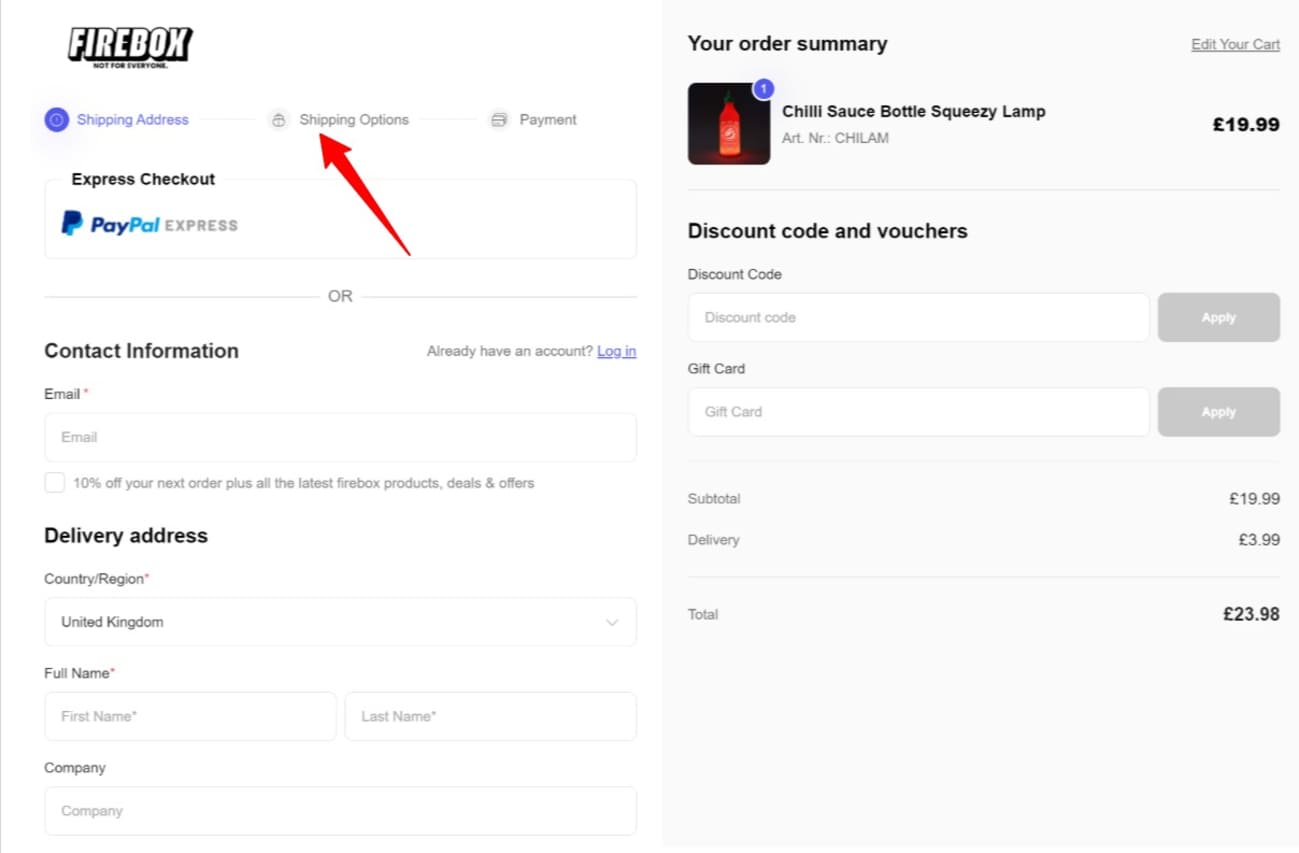Shopify checkout: A checkout page for Firebox shows shipping details input on the left, and an order summary for a chili sauce bottle on the right. A red arrow points to the Shipping Options tab. Total price is £23.98.