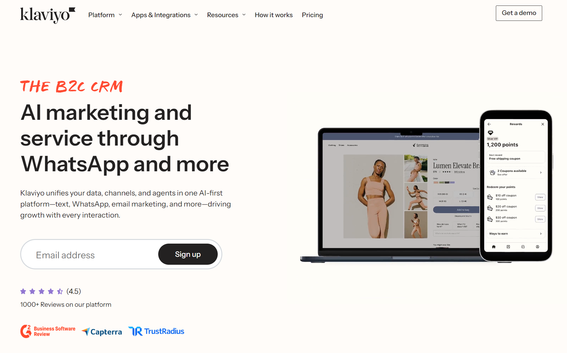 MailerLite vs Klaviyo: Klaviyo homepage featuring the headline AI marketing and service through WhatsApp and more beside images of a laptop and smartphone displaying an online store. A sign-up form and review ratings are also visible.