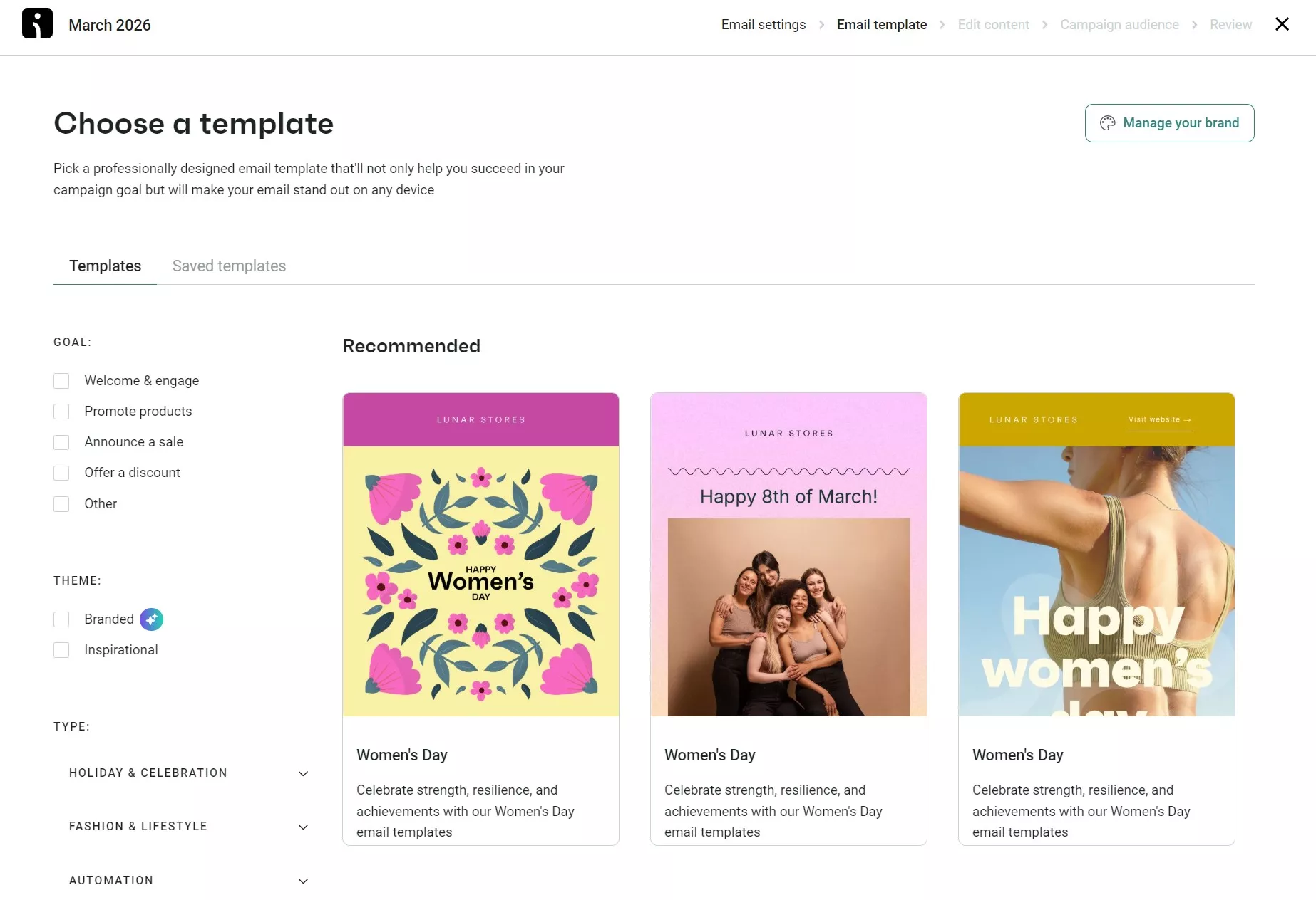 Omnisend vs Klaviyo: Screenshot of an email marketing platform showing template options for Womens Day, including vibrant floral and group photo designs, with a sidebar to filter templates by theme and type.