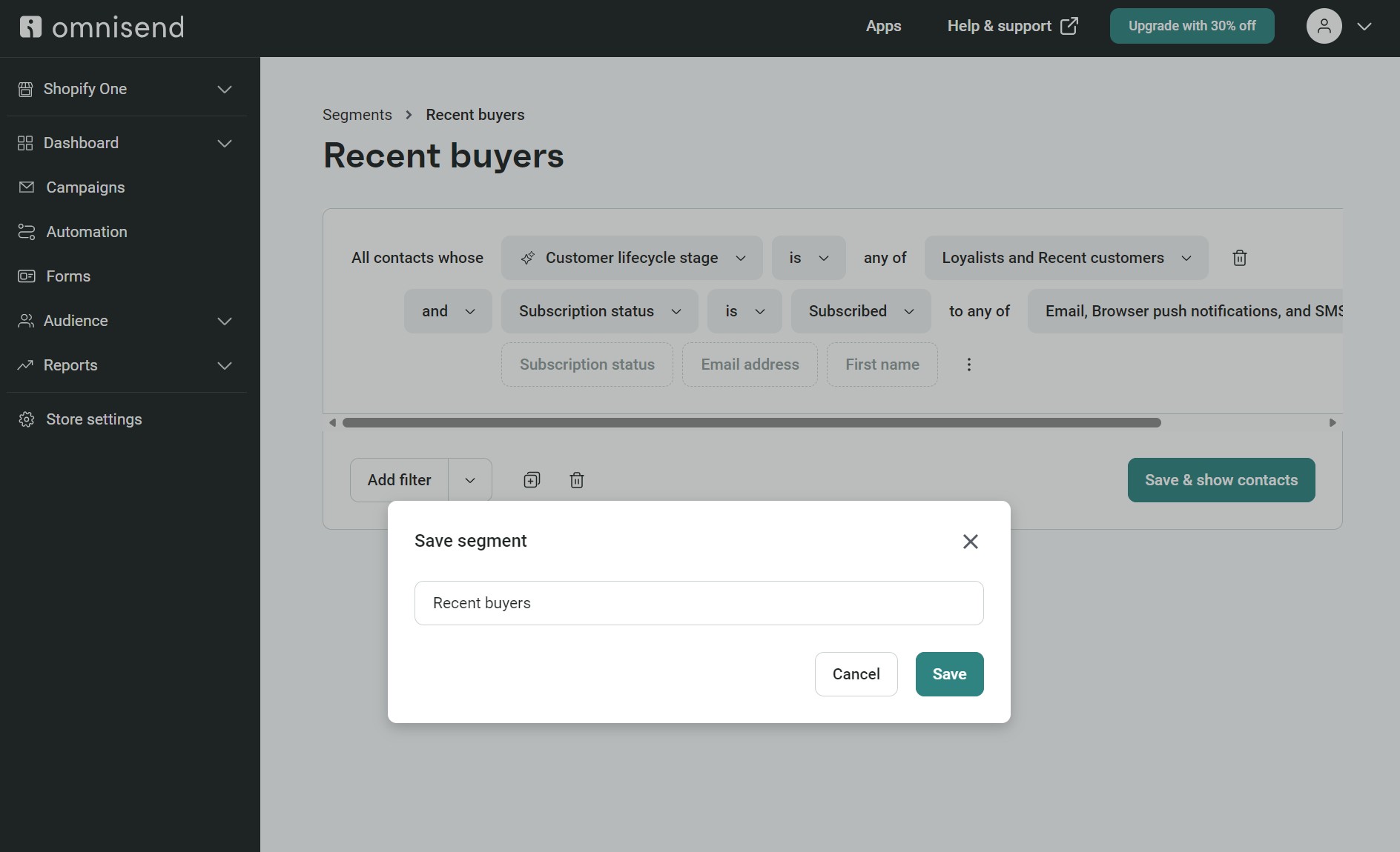 Email marketing campaign: Screenshot of Omnisends Segments page showing filters set for Recent buyers. A pop-up window titled Save segment is open, with Recent buyers typed into the segment name field and Save and Cancel buttons below.