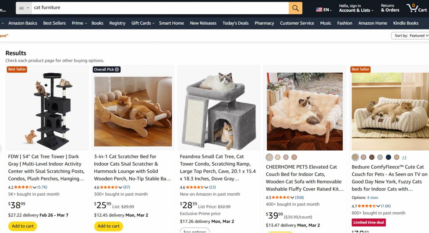 Dropshipping pet products: Screenshot of an Amazon search for cat furniture showing various cat towers, scratchers, and pet beds with images of cats using them, product names, prices, ratings, and shipping information.