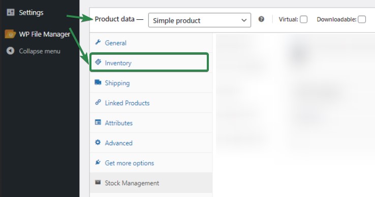WooCommerce inventory management: A screenshot of a WordPress dashboard shows the “Product data” section set to “Simple product,” with the “Inventory” tab highlighted in the menu on the left. Arrows point to “Product data” and “Inventory.”.