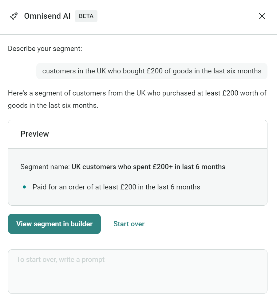 Mailchimp alternatives: A screenshot of Omnisend AI showing a segment creation for UK customers who spent £200+ in the last 6 months, with a segment name and preview details displayed.