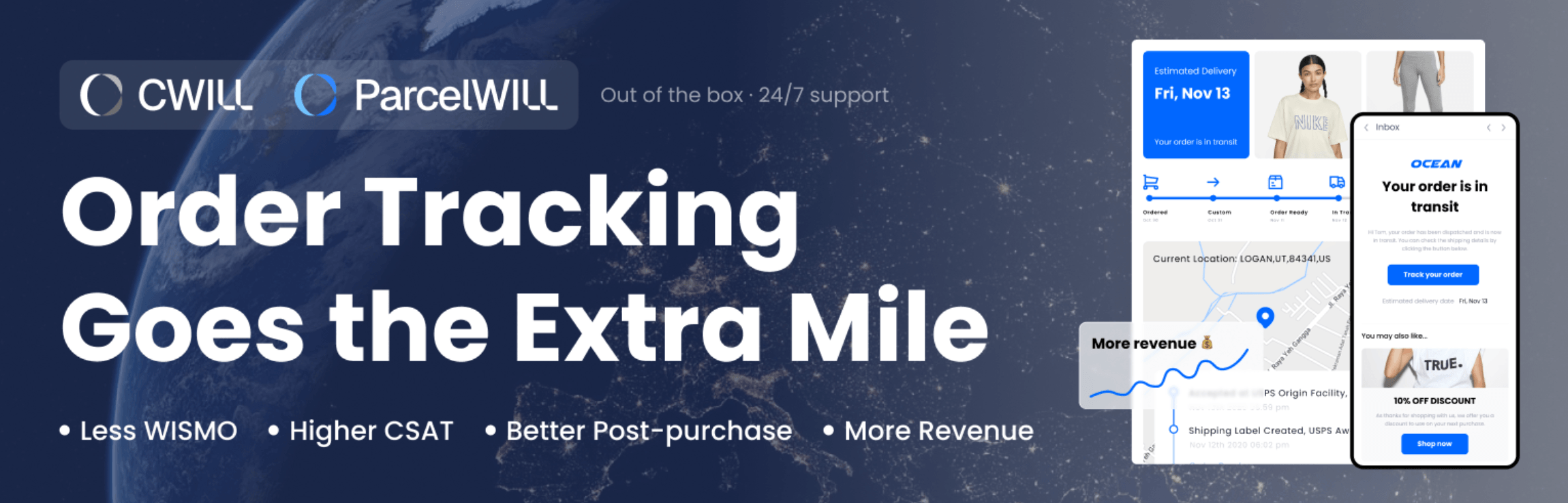 WooCommerce shipment tracking: Promotional banner for CWILL and ParcelWILL order tracking, featuring bold text Order Tracking Goes the Extra Mile, a background of Earth from space, and images of order tracking pages on mobile and desktop devices.