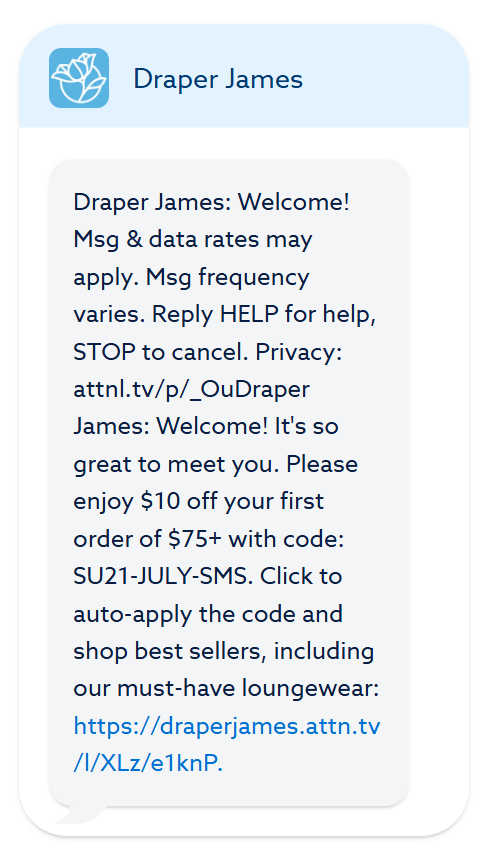SMS marketing: A text message from Draper James welcomes the recipient, offers $10 off a $75+ order with code SU21-JULY-SMS, and includes a link to shop best sellers online.