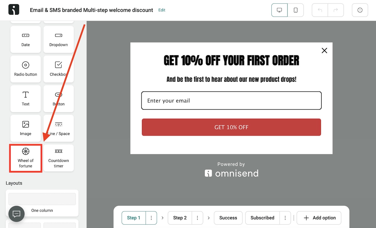 Shopify spin the wheel: A screenshot of an email design editor showing a popup offering 10% off a first order for entering an email address. A sidebar highlights the Wheel of fortune feature for adding to the design.