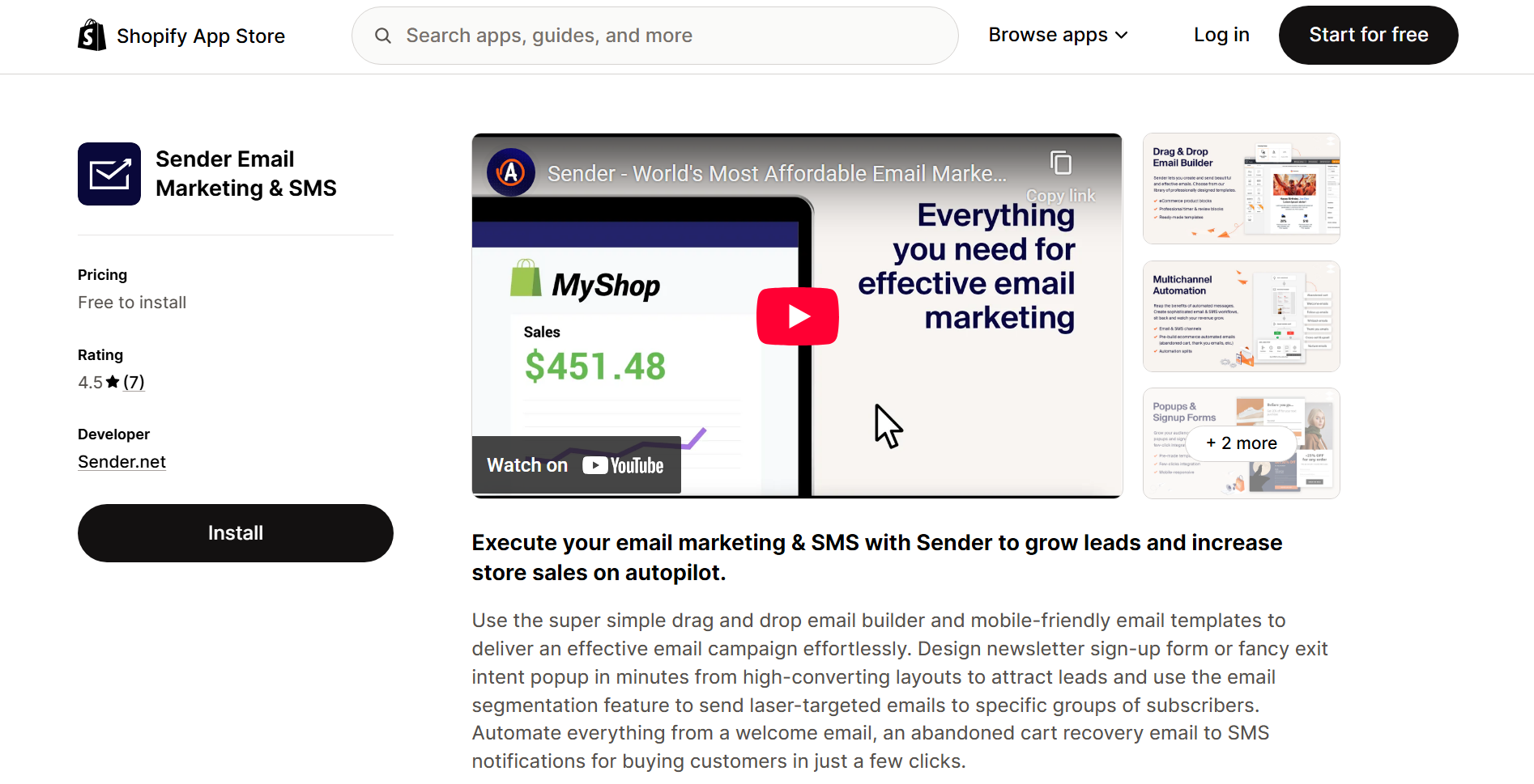 Best email marketing for Shopify: Shopify App Store page for Sender Email Marketing & SMS. The page shows the app’s icon, rating, and install button on the left, with a video thumbnail and app feature screenshots on the right.