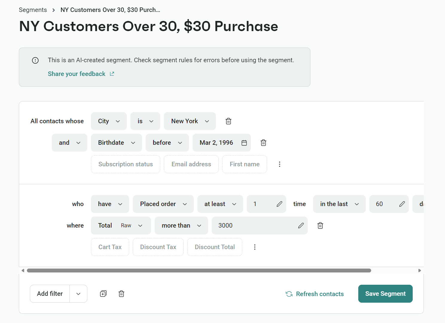 Email automation: A screenshot of a customer segmentation tool filtering for New York customers born before March 2, 1996, who placed at least one order in the last 60 days and spent over $3,000 total.