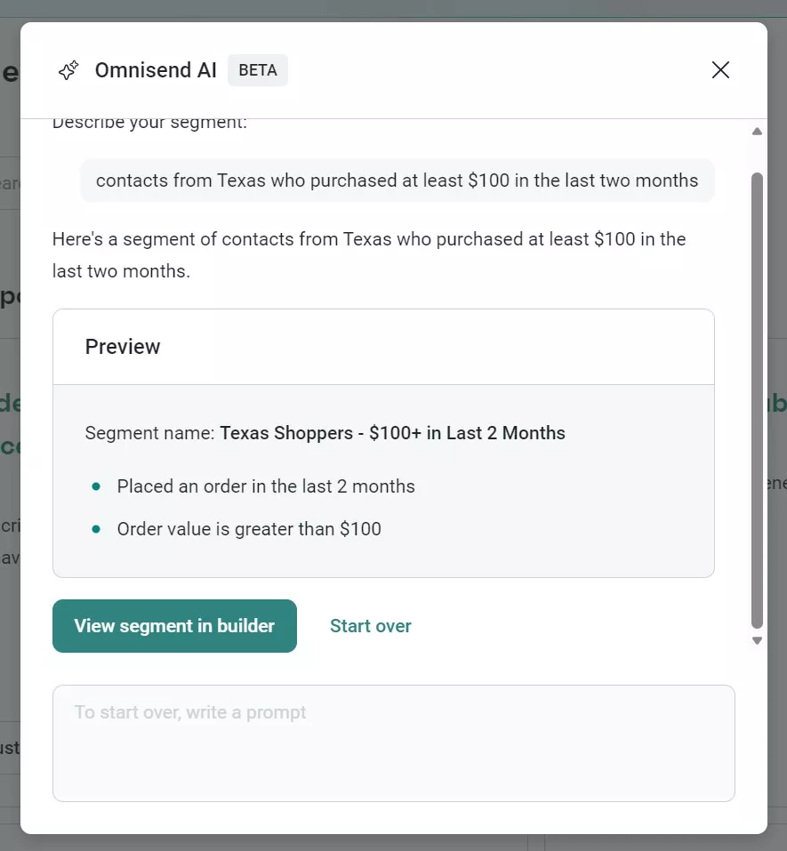 Omnisend vs Klaviyo: A screenshot of Omnisend AI shows a segment setup for “Texas Shoppers - $100+ in Last 2 Months,” listing criteria: ordered in the last 2 months, and order value over $100. Buttons for viewing or restarting are at the bottom.