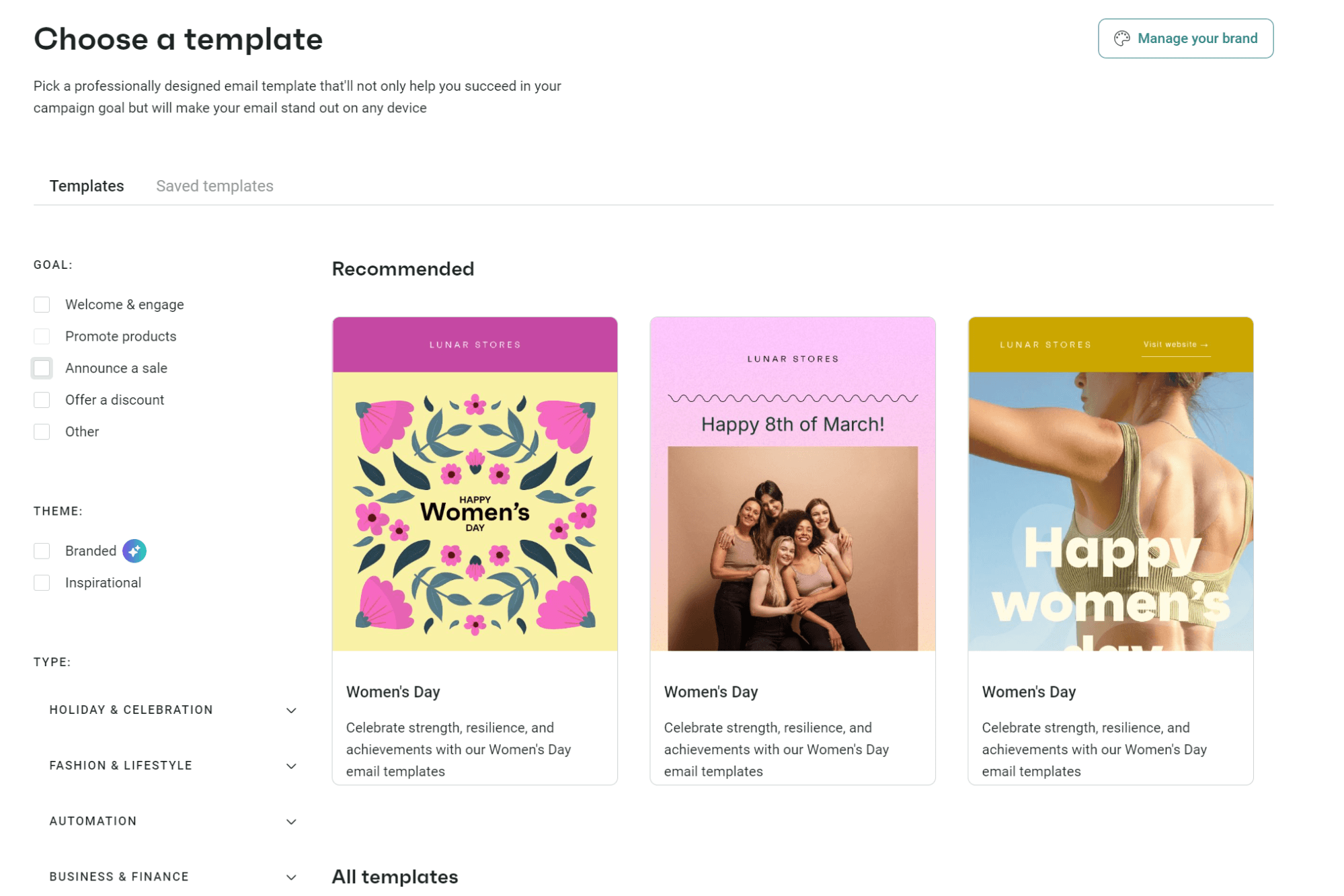 Mailchimp alternatives: A website page displays email templates for Womens Day, showing three template previews with colorful designs and photos. A sidebar allows filtering by category, and a Manage your brand button appears at the top right.