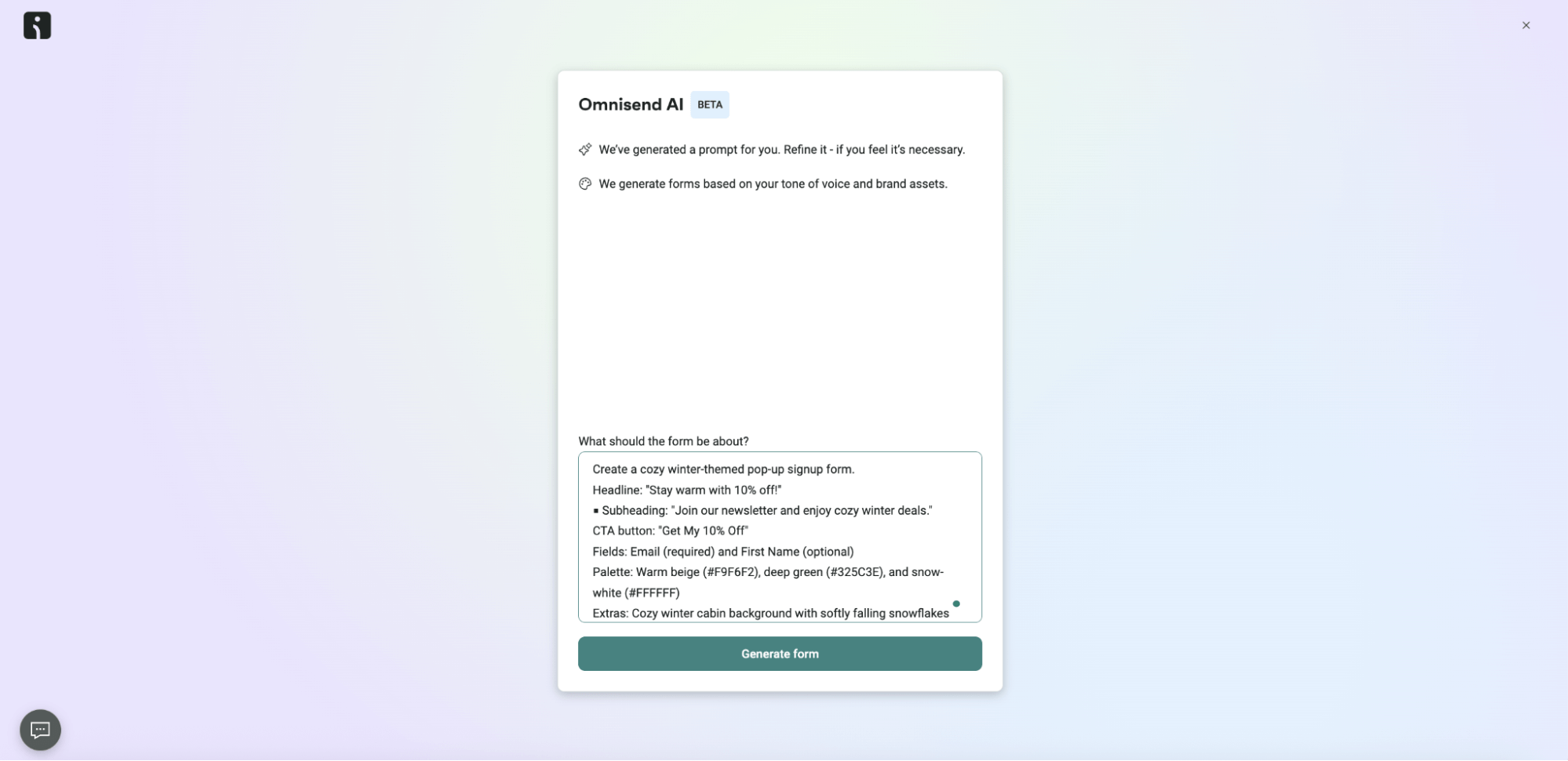 Email automation: A screenshot of a web page titled Omnisend AI showing a form to generate a prompt for email signup. The form has input sections and examples for email headings and body copy, with a Generate Form button at the bottom.