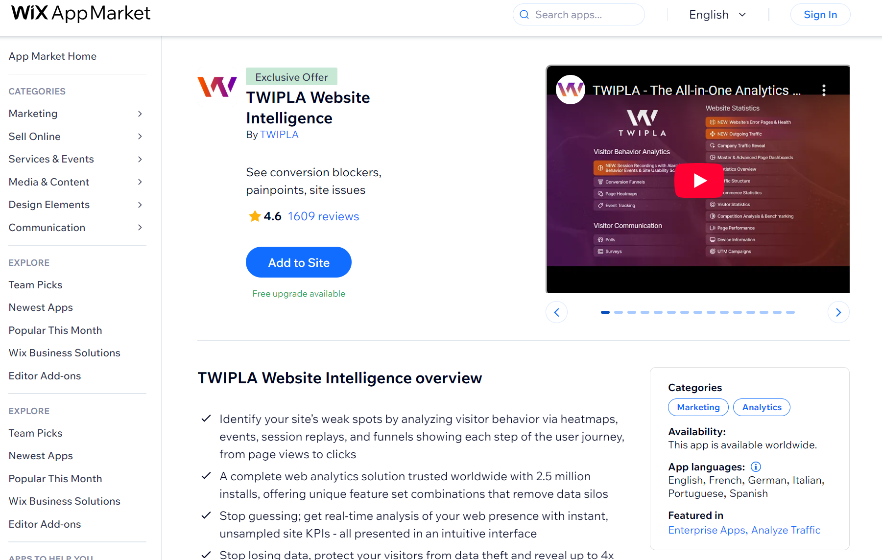 Wix apps: TWIPLA Website Intelligence app page