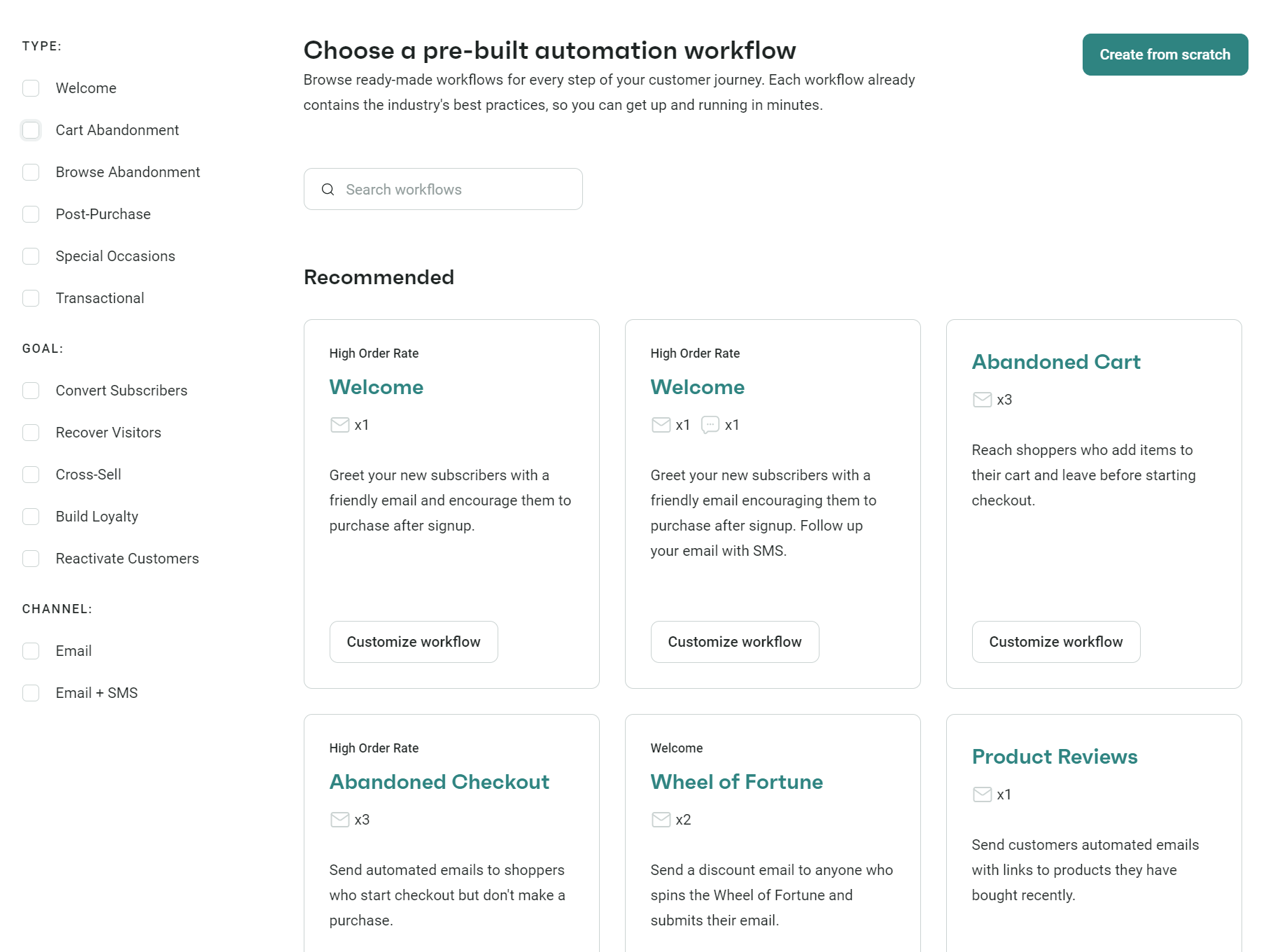 Mailchimp alternatives: A website page displaying options for pre-built automation workflows, including categories on the left and recommended workflows like Welcome, Abandoned Cart, Abandoned Checkout, Wheel of Fortune, and Product Reviews on the right.