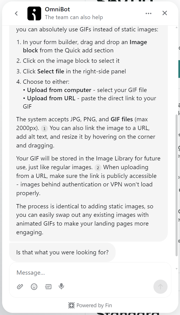 Email automation: A screenshot of a chat window with instructions on uploading GIFs, explaining how to add GIFs from a computer or a URL, and displaying system notes about image handling and usage.