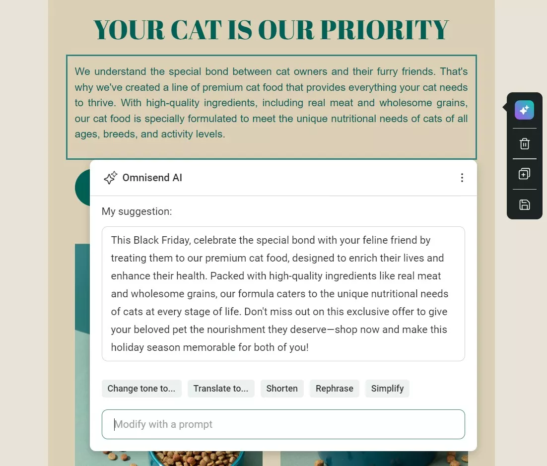 Omnisend vs Klaviyo: A website section with the heading Your Cat Is Our Priority features a description about premium cat food, and a visible chat box with a message from an AI about celebrating Black Friday with cat food.