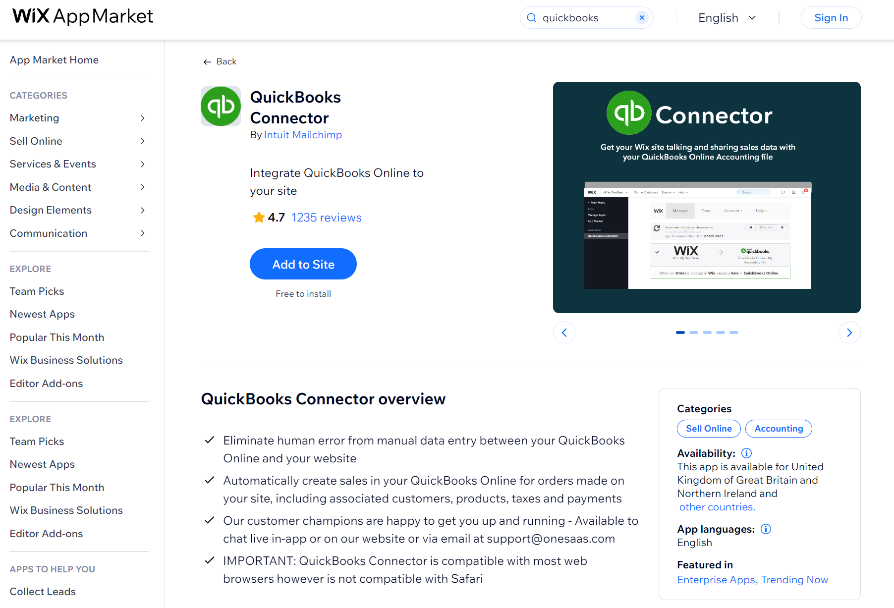 Wix apps: QuickBooks Connector app page