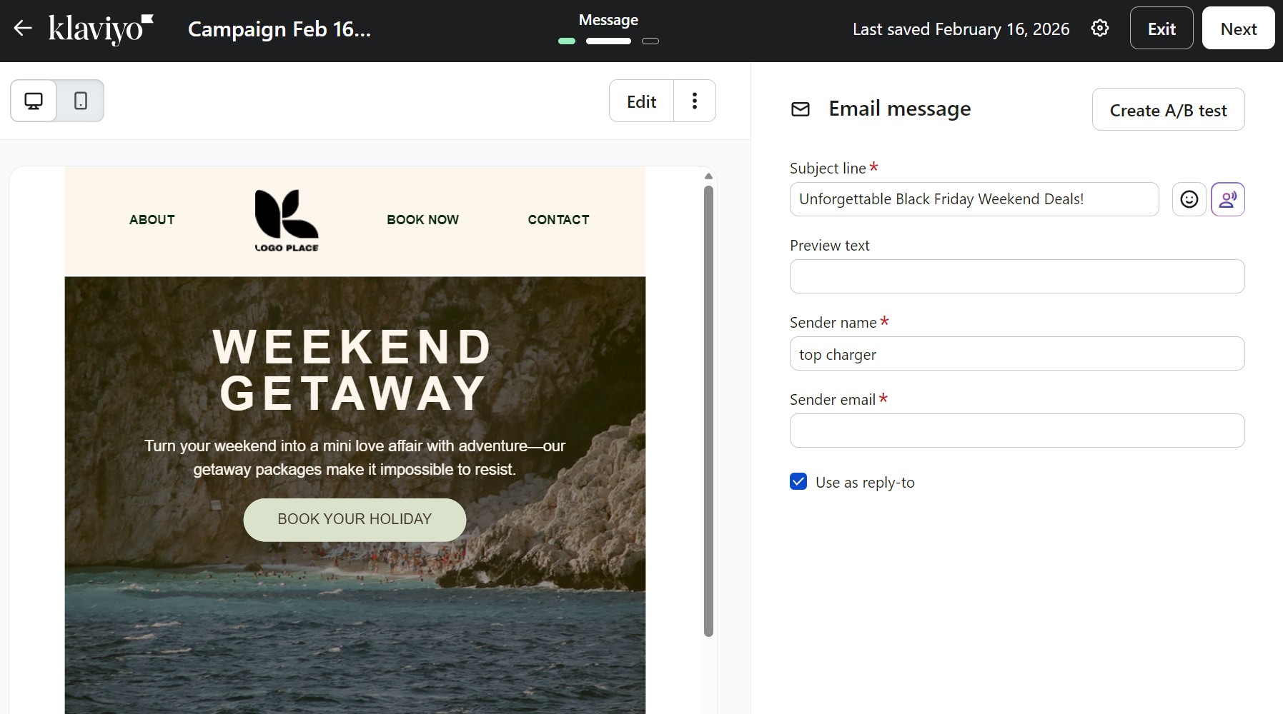 Omnisend vs Klaviyo: A Klaviyo email campaign editor displays a WEEKEND GETAWAY promotion with a rocky shoreline background. The right panel shows fields for editing the email subject, preview text, and sender information.