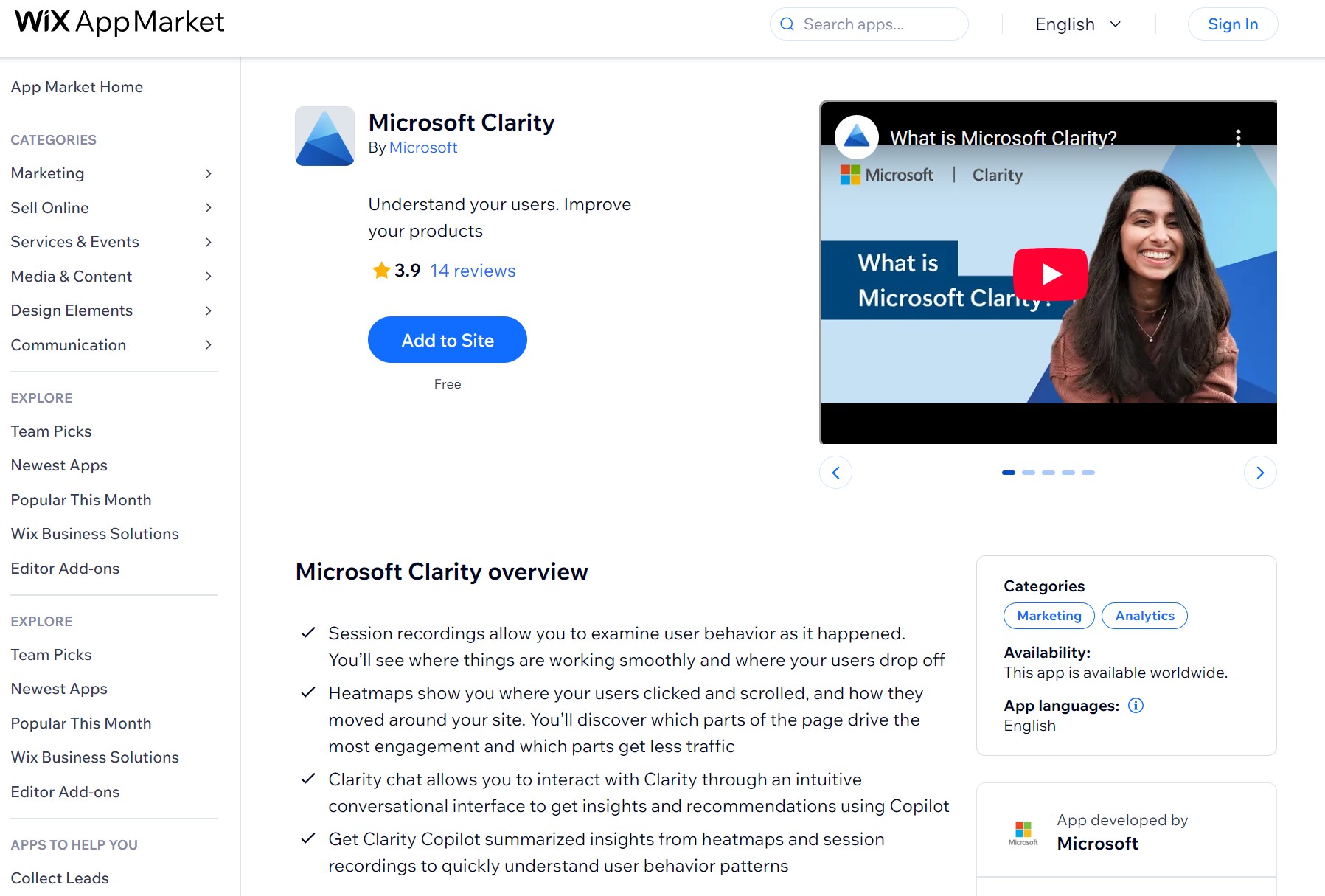 Wix apps: Microsoft Clarity app page