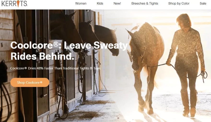 Omnisend vs. Shopify: A woman leads a horse in a sunlit barn aisle, with rays of light streaming in. The text promotes Coolcore® equestrian apparel that dries faster than traditional tights and tops. A button says “Shop Coolcore®.”.