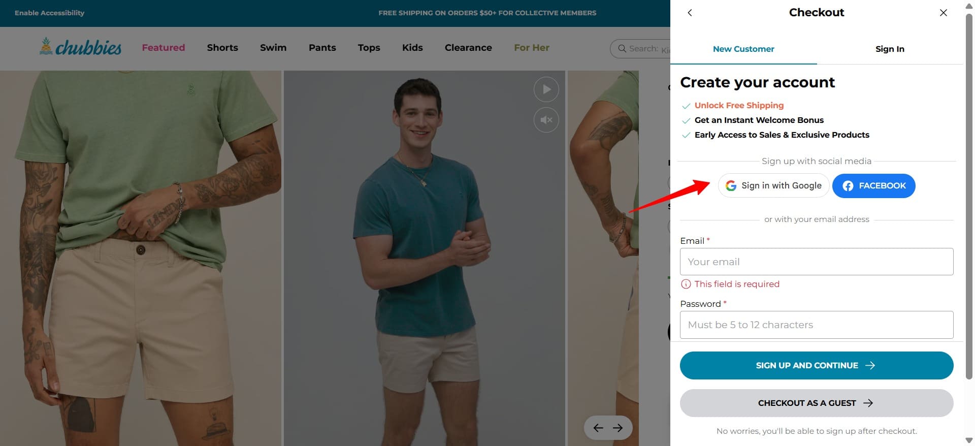 Shopify checkout: A checkout page on a clothing website shows a sign-up form with options to sign in using Google or Facebook, and fields for email and password. An arrow points to the Sign in with Google button.