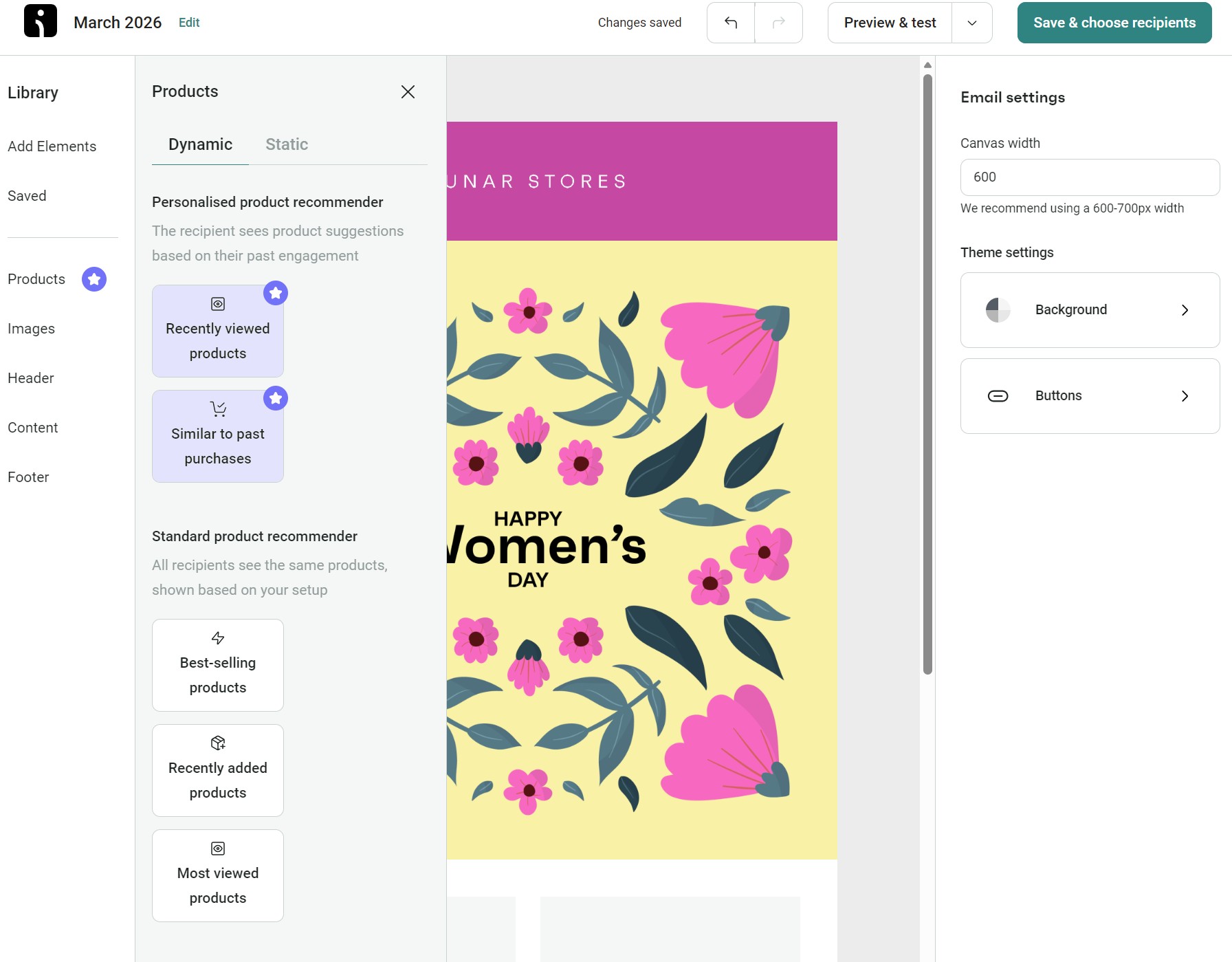 Omnisend vs Klaviyo: A digital interface for creating an email features a Women’s Day card with pink flowers. Email settings and a product recommendation menu are open on the left, showing dynamic options like recently viewed and best-selling products.