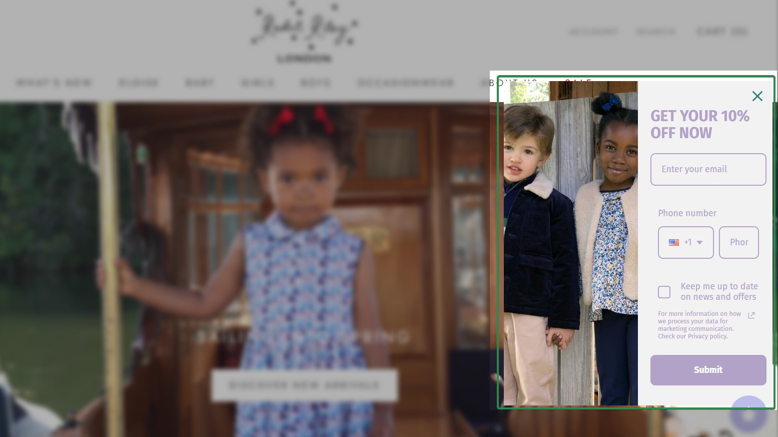 Shopify newsletter: Children in floral outfits stand in front of a blurred background; an overlay on the right offers Get your 10% off now with fields for phone number and a submit button.