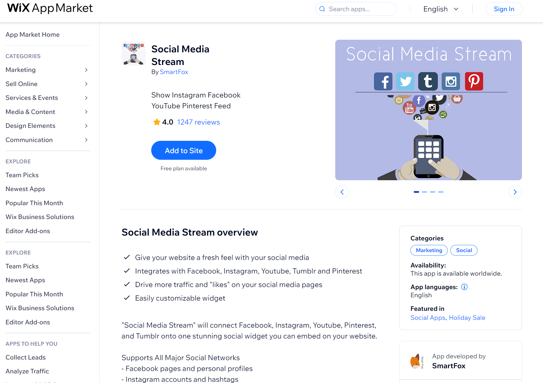 Wix apps: Social Media Stream app page