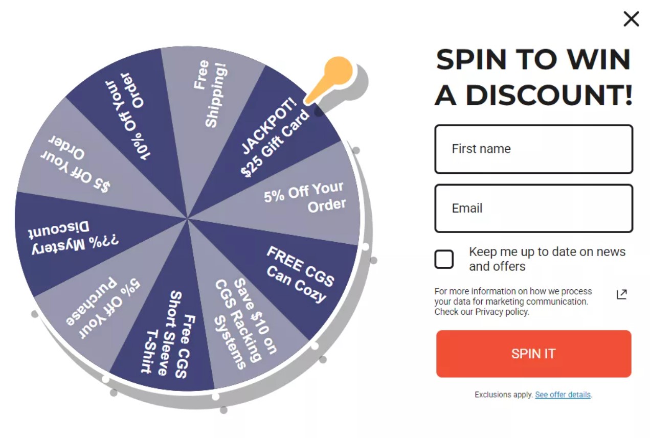 Shopify newsletter: A digital spin wheel offers prizes like a $25 gift card, free shipping, a T-shirt, a can cozy, a mystery discount, and percent-off deals. A form on the right asks for name and email to spin for a reward.