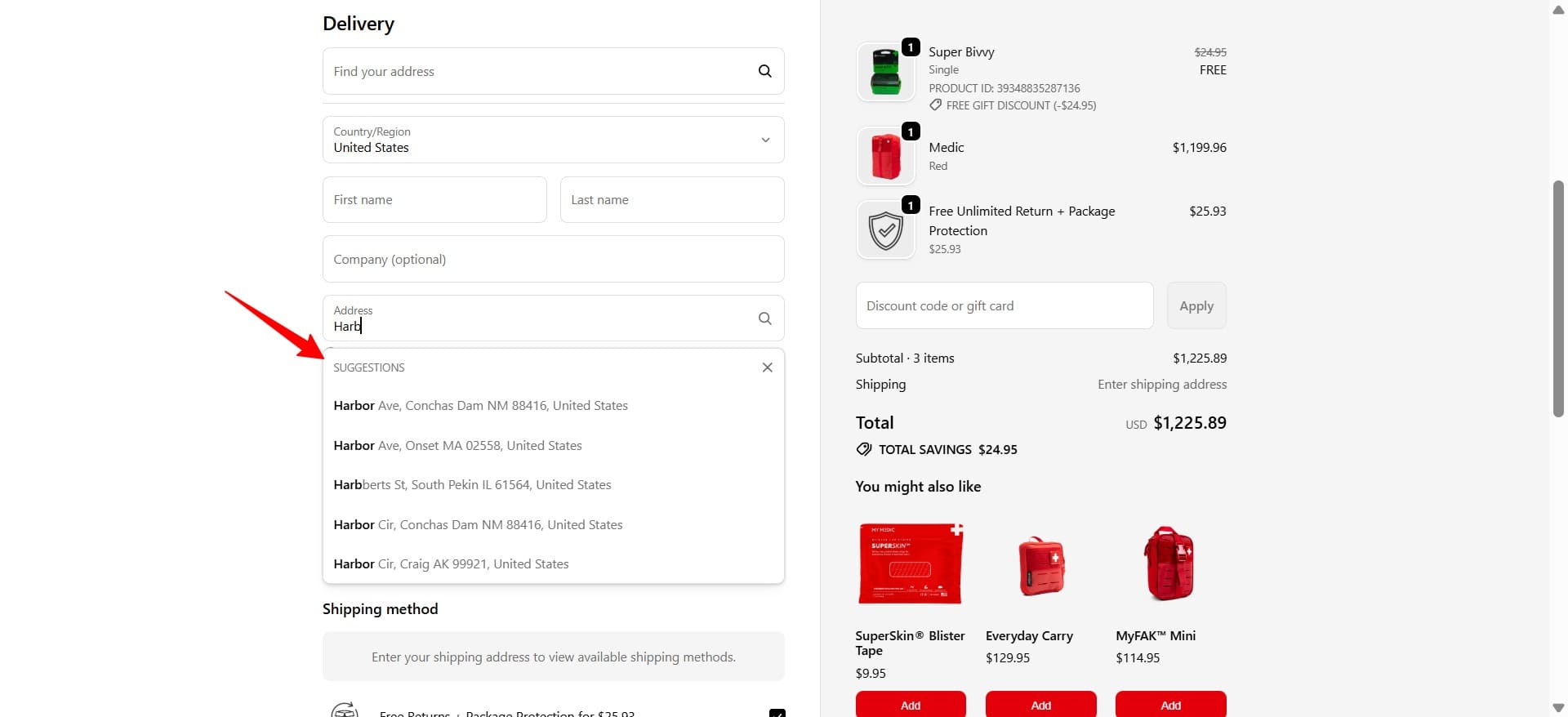 Shopify checkout: A checkout page shows delivery details being entered, with a red arrow pointing to the Address field where Harb is typed. Location suggestions appear below. The order summary and totals are visible on the right.