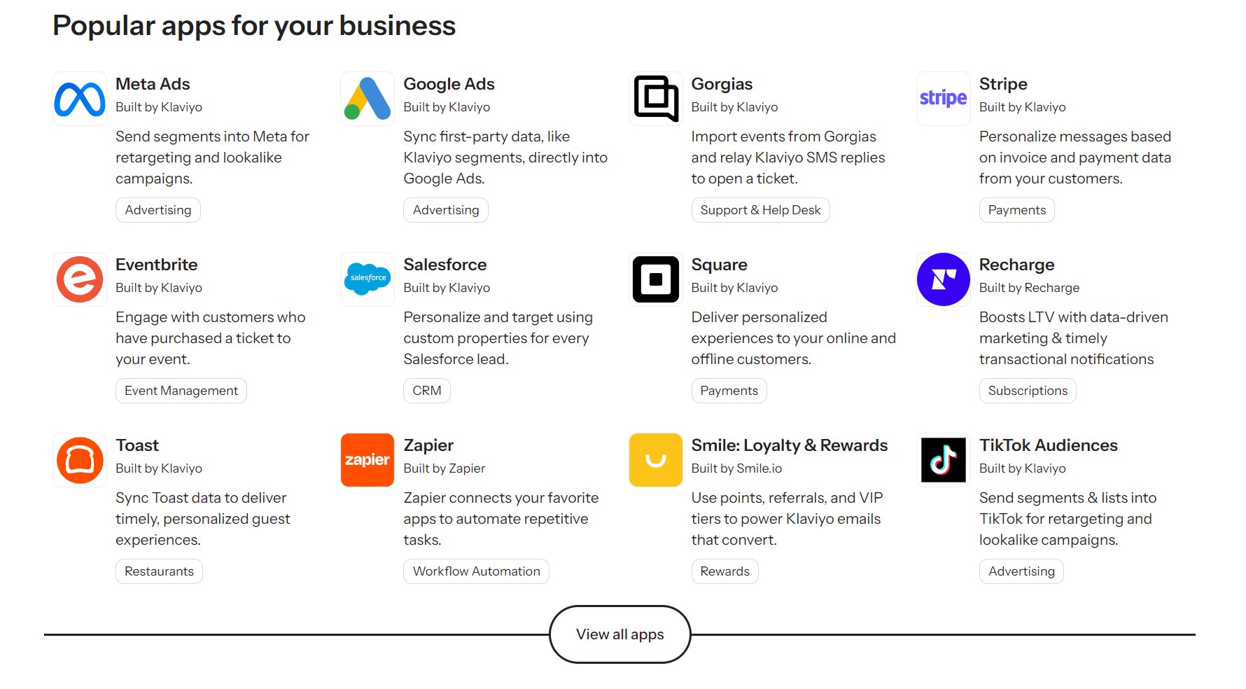 Omnisend vs Klaviyo: A grid showing logos and short descriptions of popular business apps, including Meta Ads, Google Ads, Gorgias, Stripe, Eventbrite, Salesforce, Square, Recharge, Toast, Zapier, Smile.io, and TikTok Audiences.