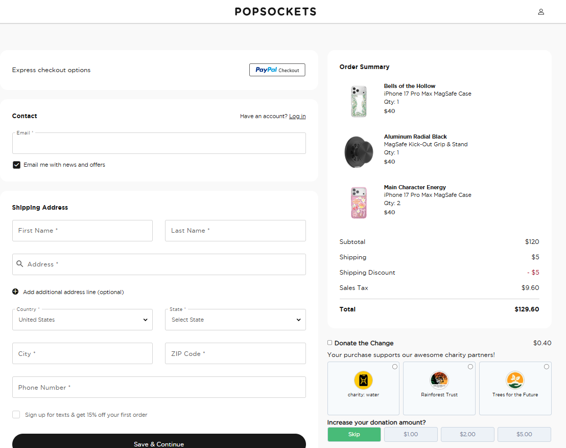 Shopify checkout: Checkout page for PopSockets shows express checkout options, contact and shipping address fields on the left, and an order summary with product images, prices, and a donation section on the right.