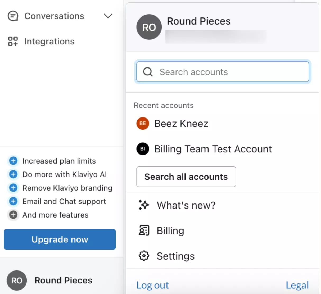 Omnisend vs Klaviyo: A dashboard showing a navigation menu with options like Conversations and Integrations, plan upgrade info, and a profile dropdown displaying recent accounts, search bar, and links to Whats new, Billing, Settings, Log out, and Legal.