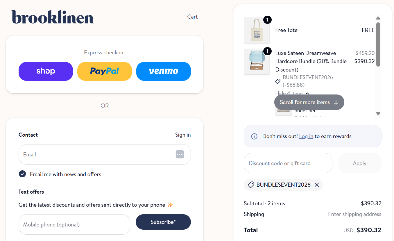 Shopify checkout: A Brooklinen online checkout page showing express payment options (shop, PayPal, Venmo), contact info fields, an order summary for Luxe Sateen Dreamweave sheets with a discount code applied, and a total of $390.32.