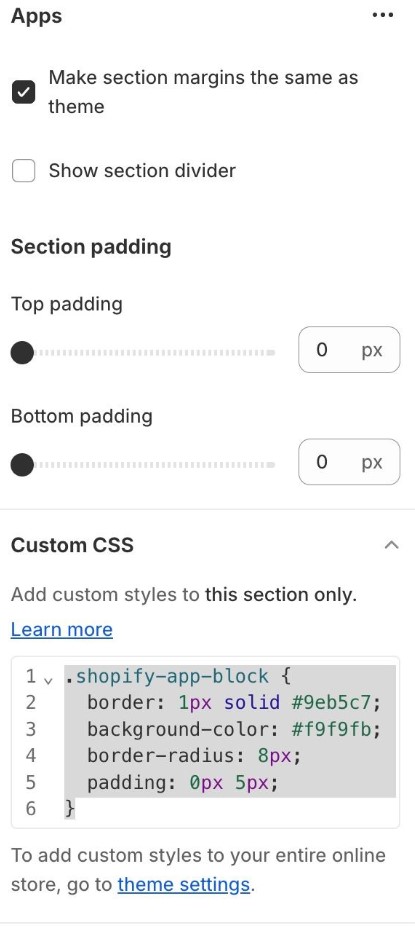 Shopify newsletter: A settings menu showing options to adjust section margins, add padding, and enter custom CSS code for a Shopify app. The CSS code includes border, background color, border-radius, and padding properties.