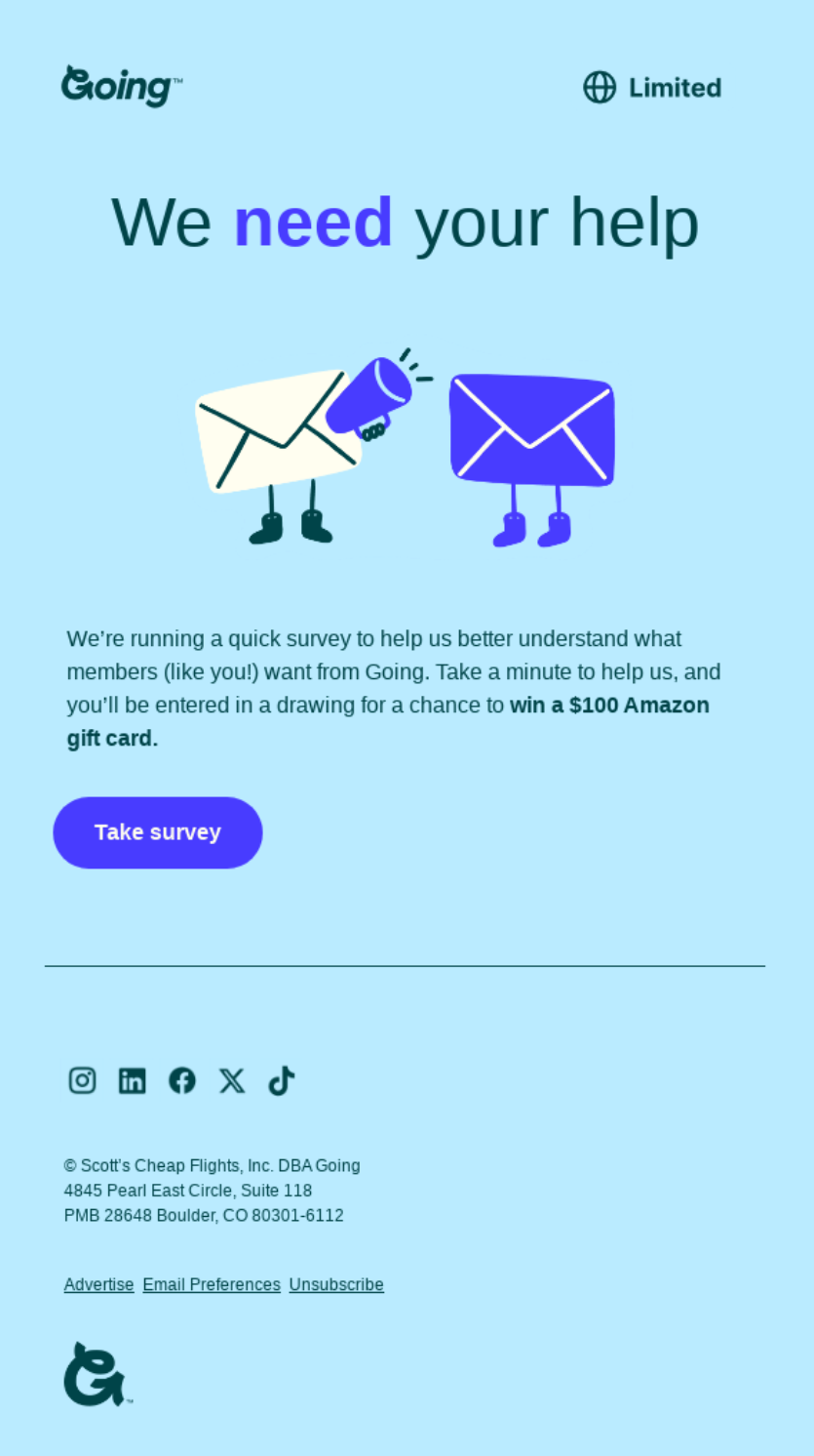 Email automation: A digital flyer with the text “We need your help” above icons of a paper airplane and envelope. It invites users to take a survey for a chance to win a $100 Amazon gift card, with a purple “Take survey” button below.