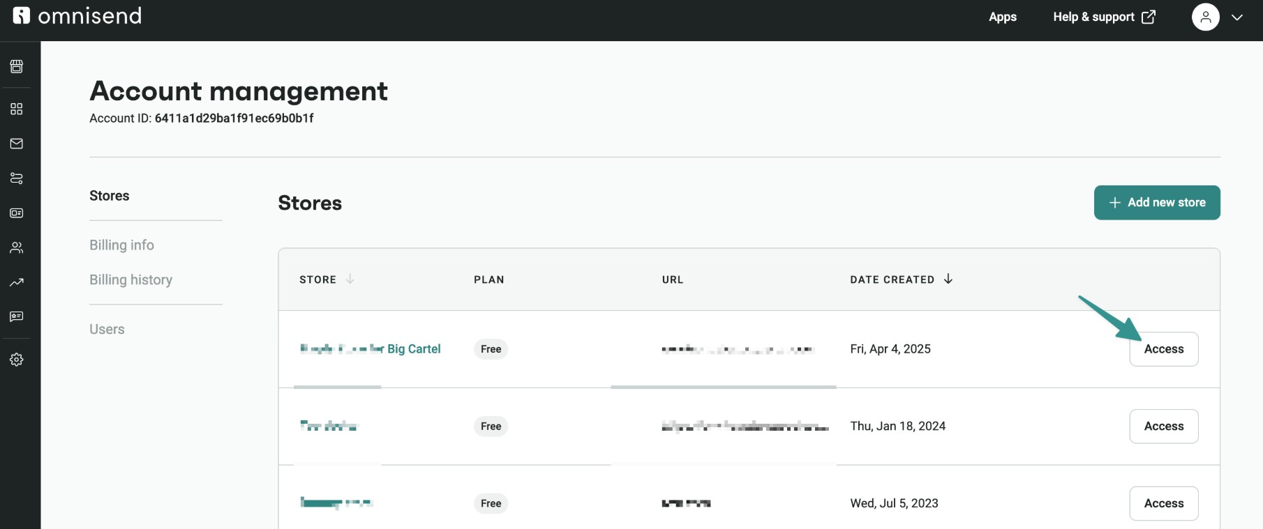 Omnisend vs Klaviyo: A screenshot of the Omnisend account management page, showing a list of stores with their names, plans, URLs, and creation dates. An arrow points to the Access button next to one of the stores.