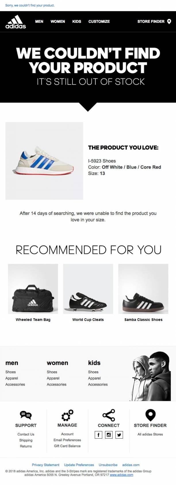 Out of stock email: A webpage from Adidas shows a We couldnt find your product message for I-5923 Shoes, still out of stock. Recommended items and navigation links for men, women, kids, customize, and store finder are displayed below.