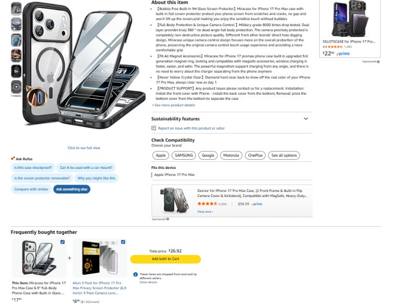Shopify cross sell: Screenshot of an Amazon product page showing a protective phone case for the iPhone 15 Pro Max with MagSafe support. The image displays the case, product details, price, and related recommended items below.