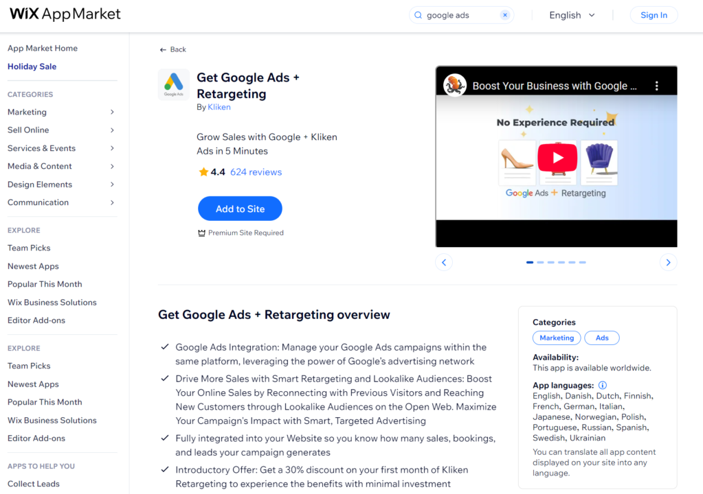 Wix apps: Get Google Ads + Retargeting app page