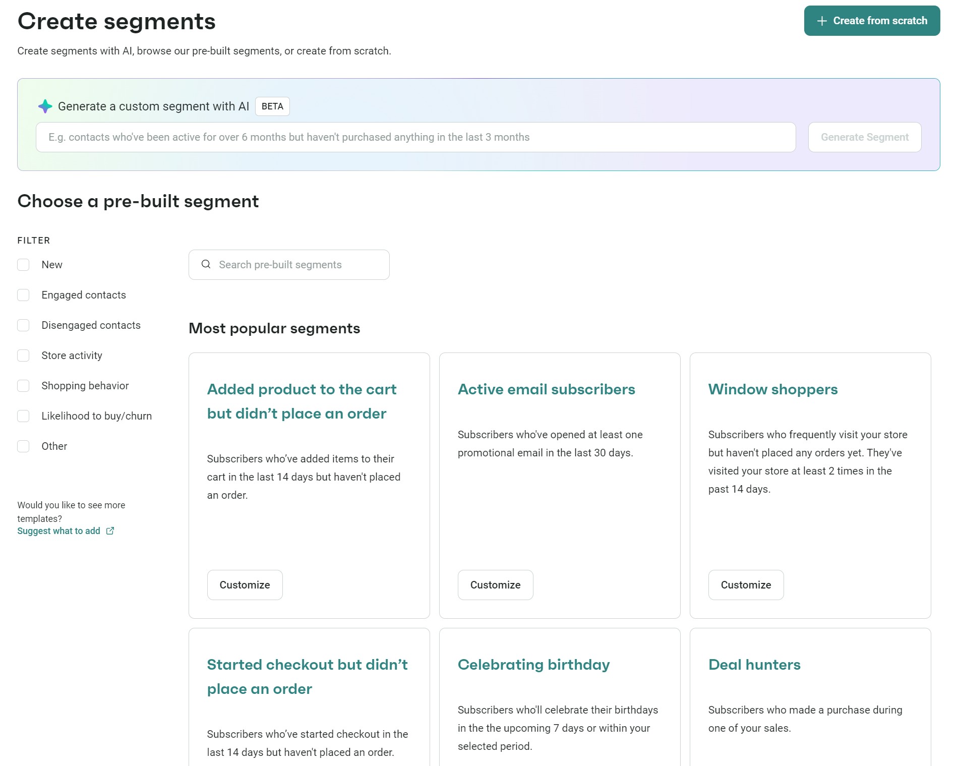 Omnisend vs. MailerLite: A webpage for creating audience segments shows options to generate a custom segment or choose from pre-built segments like abandoned cart, inactive email subscribers, and window shoppers. Filters and customization buttons are visible.