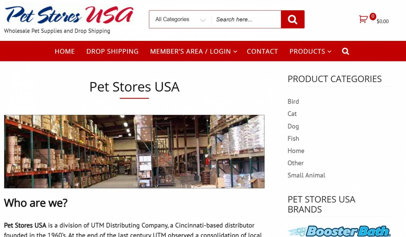 Dropshipping pet products: Screenshot of the Pet Stores USA website, featuring a navigation bar, product categories list, search bar, and a warehouse photo under the Who are we? section. The logo and shopping cart appear at the top.